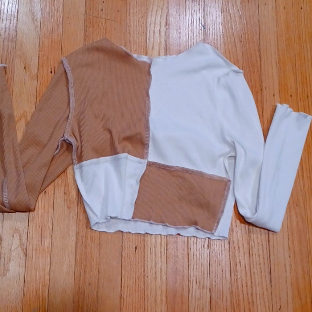 SHEIN colorblock brown and white ribbed cropped shirt
